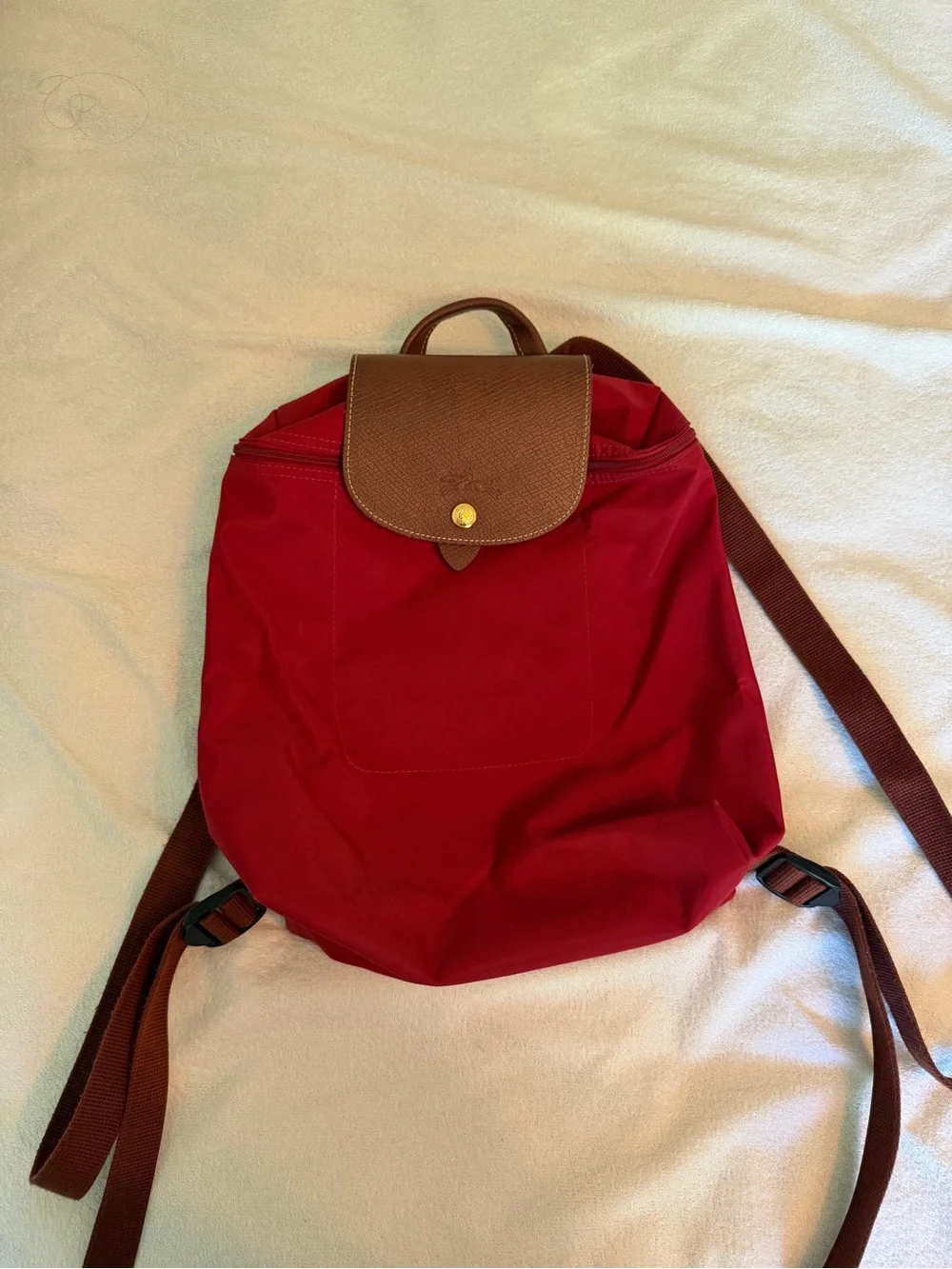 Longchamp Red Nylon Backpack with Brown Leather Trim
